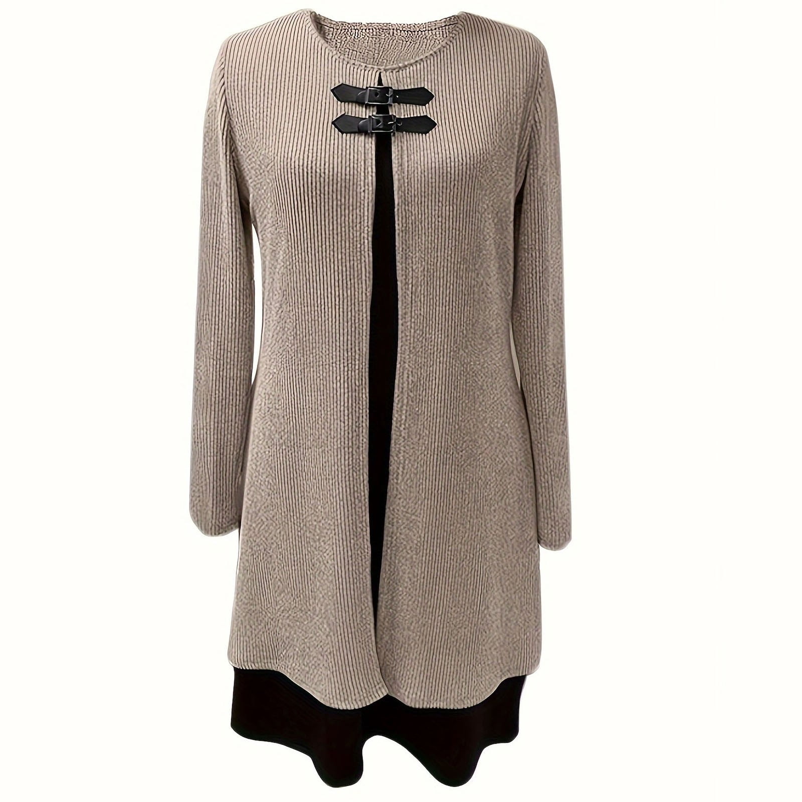 BSDJILFG Sweater Dress Long Sleeve Fall Winter Fake Two Piece Sets Button Mini Shirt Dress