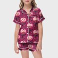 thumbnail image 2 of Little Kids Halloween Two-Piece Outfit Bowknot Pumpkin Print Lapel Button Short Sleeve Tops And Shorts Nightwear Soft Lounge Sets Size 6-7T, 2 of 4