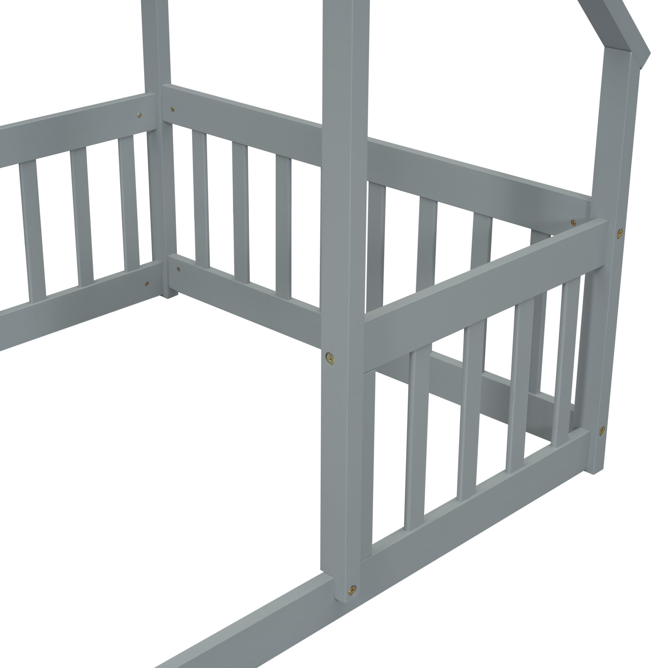 Noble House May Twin Floor Bed with House-Shaped Roof Frame and Fence Guardrails, Solid Pine Wood Frame, Grey