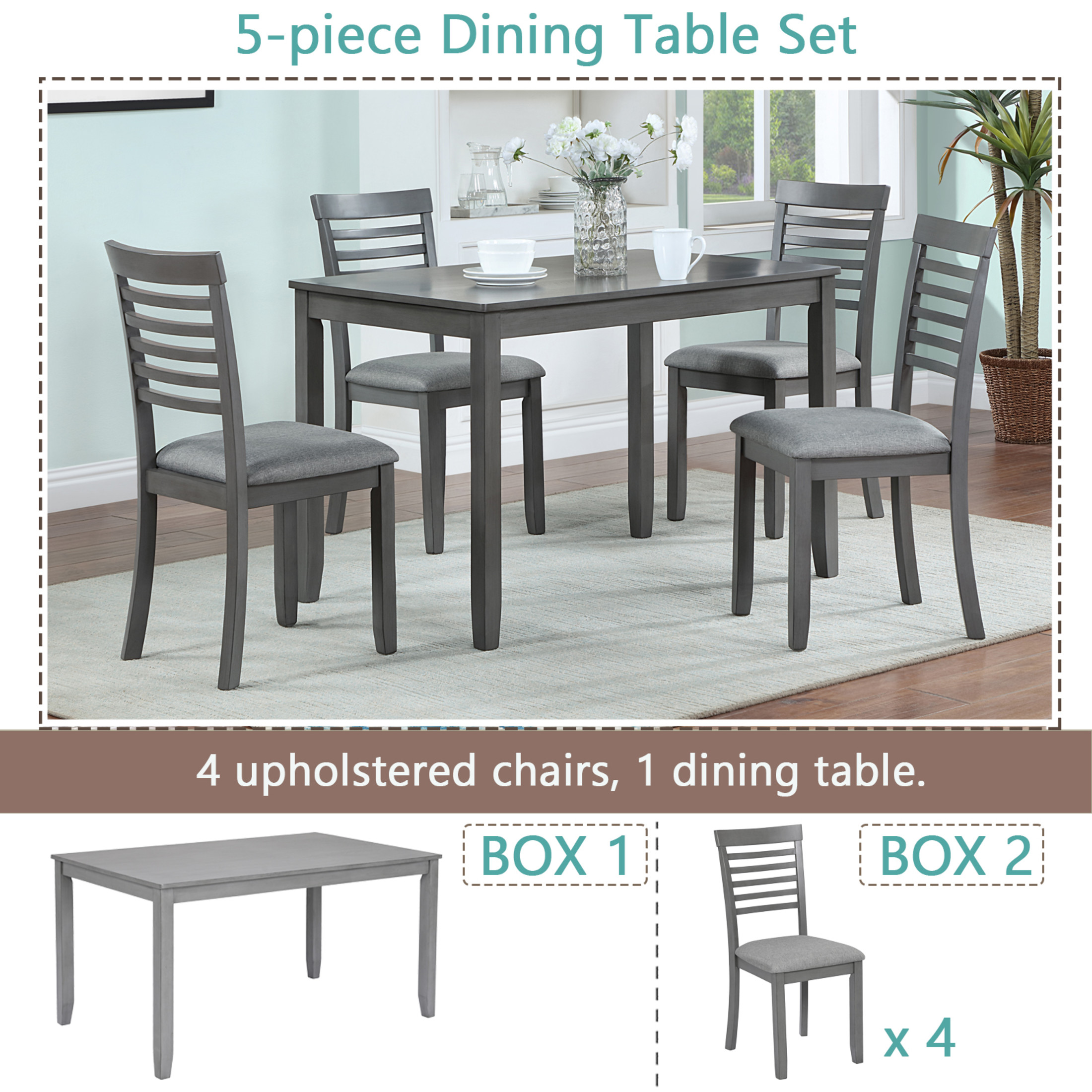 Noble House 5-Piece Farmhouse Dining Set, 45.5" Rectangular Wooden Table with Upholstered Chairs, Gray