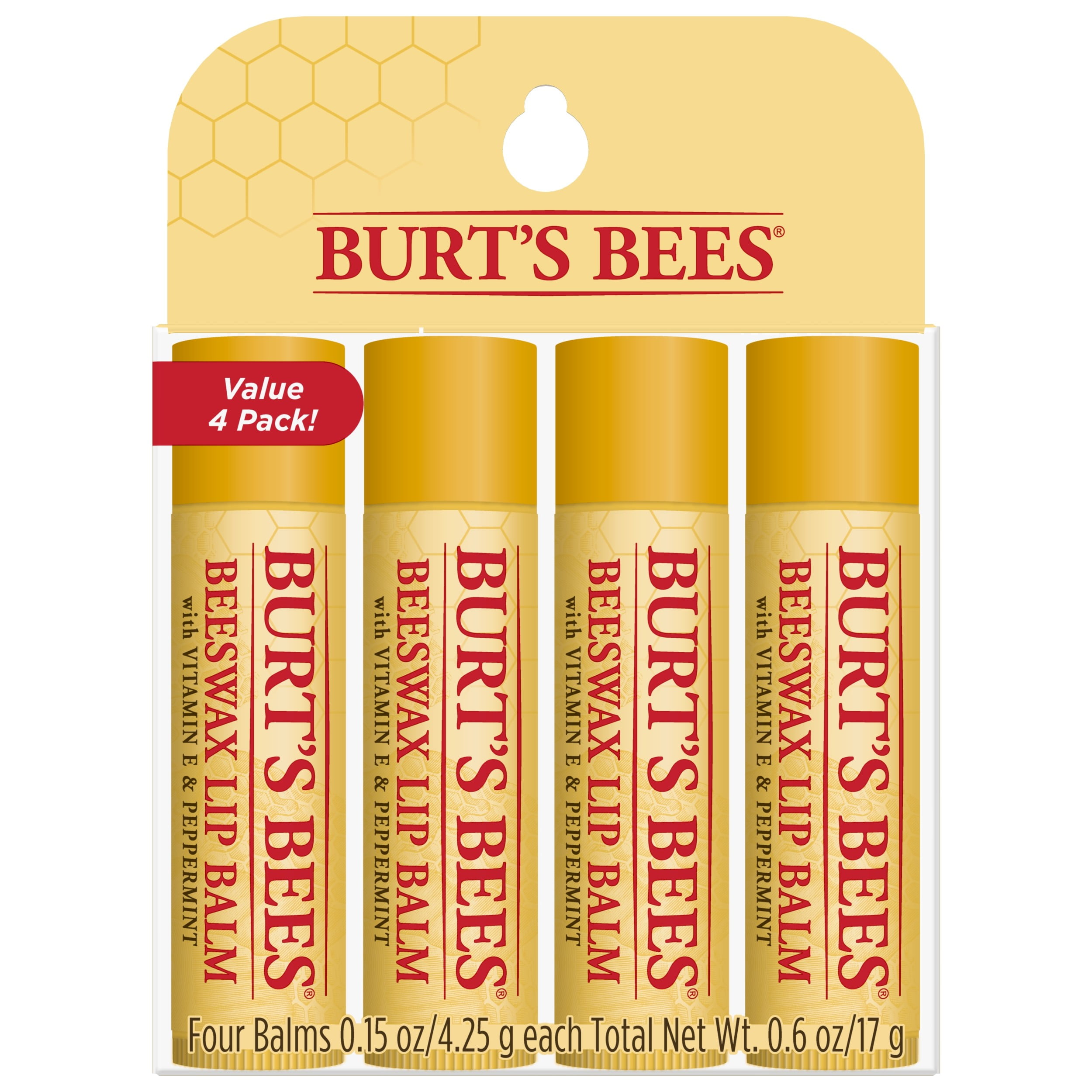 Burt's Bees 100% Natural  Moisturizing Lip Balm with Beeswax, 4 Tubes