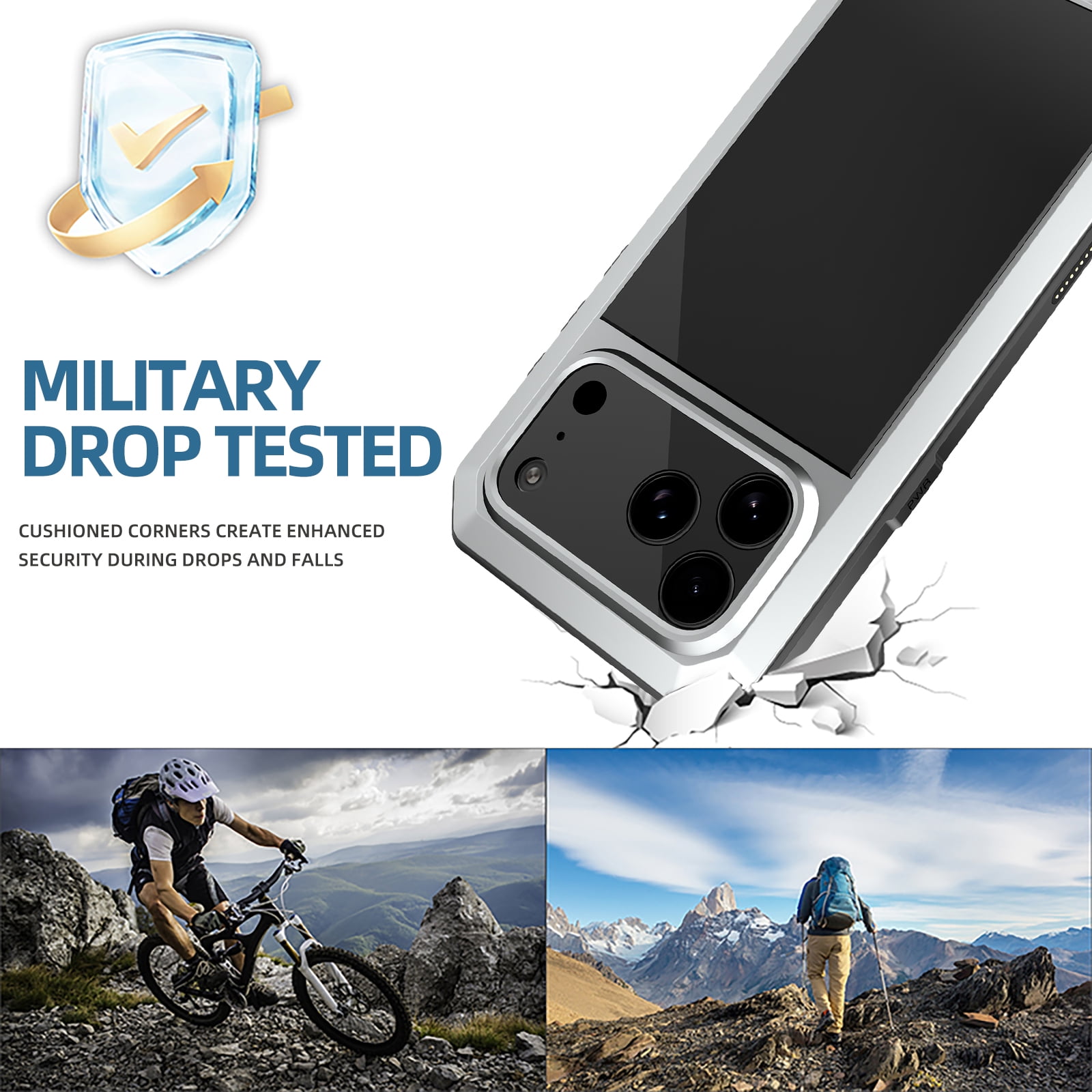 Dteck for iPhone 17 Pro Max (2025) Case, Heavy Duty Metal Full Body Protective Cover Shockproof Aluminum Alloy Cover with Silicone Built-in Screen Protector, Silver