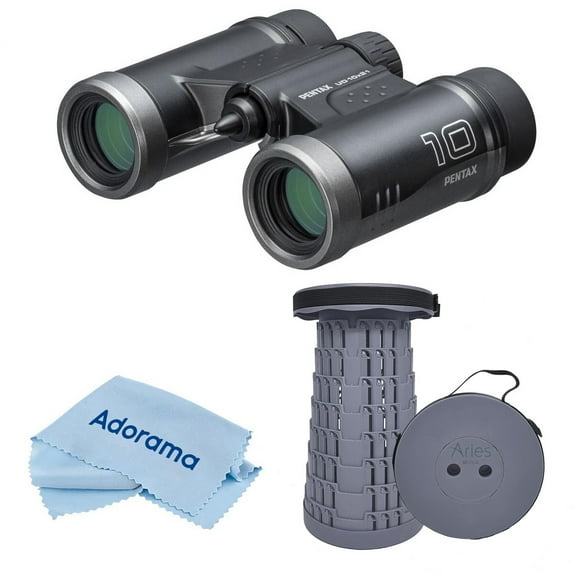 Pentax 10x21 UD Weather Resistant Roof Prism Binocular, 5.4 Degree Angle View, Black, Bundle with Portable Telescoping Stool/Chair, Cleaning Cloth