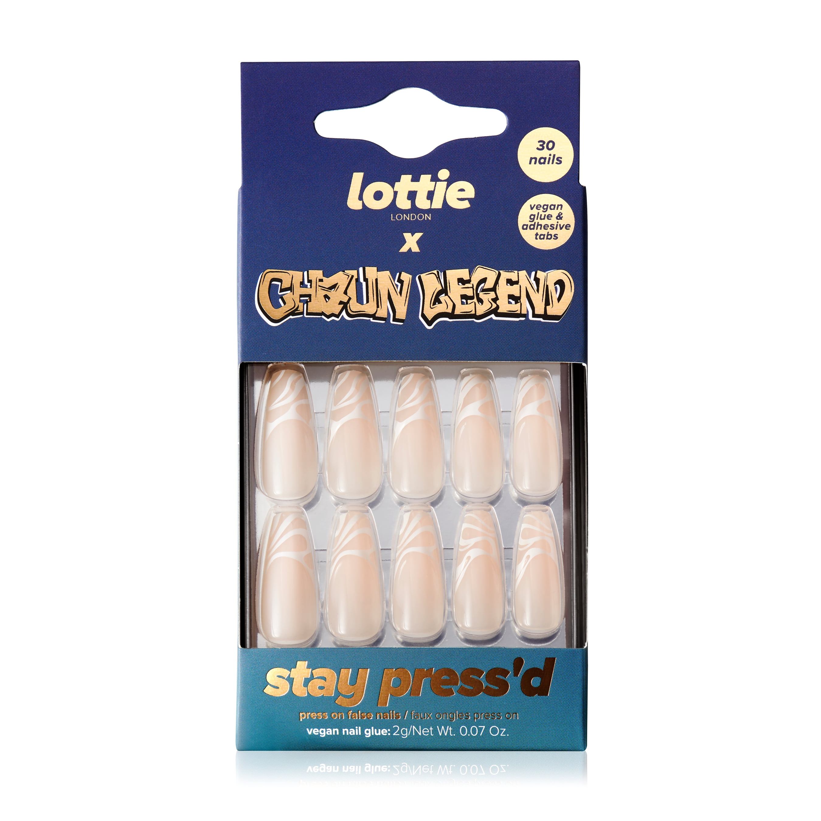 Lottie London x Chaun Legend Stay Press'd, Press On Nail Set, French Twist, 30 Coffin Shape Nails