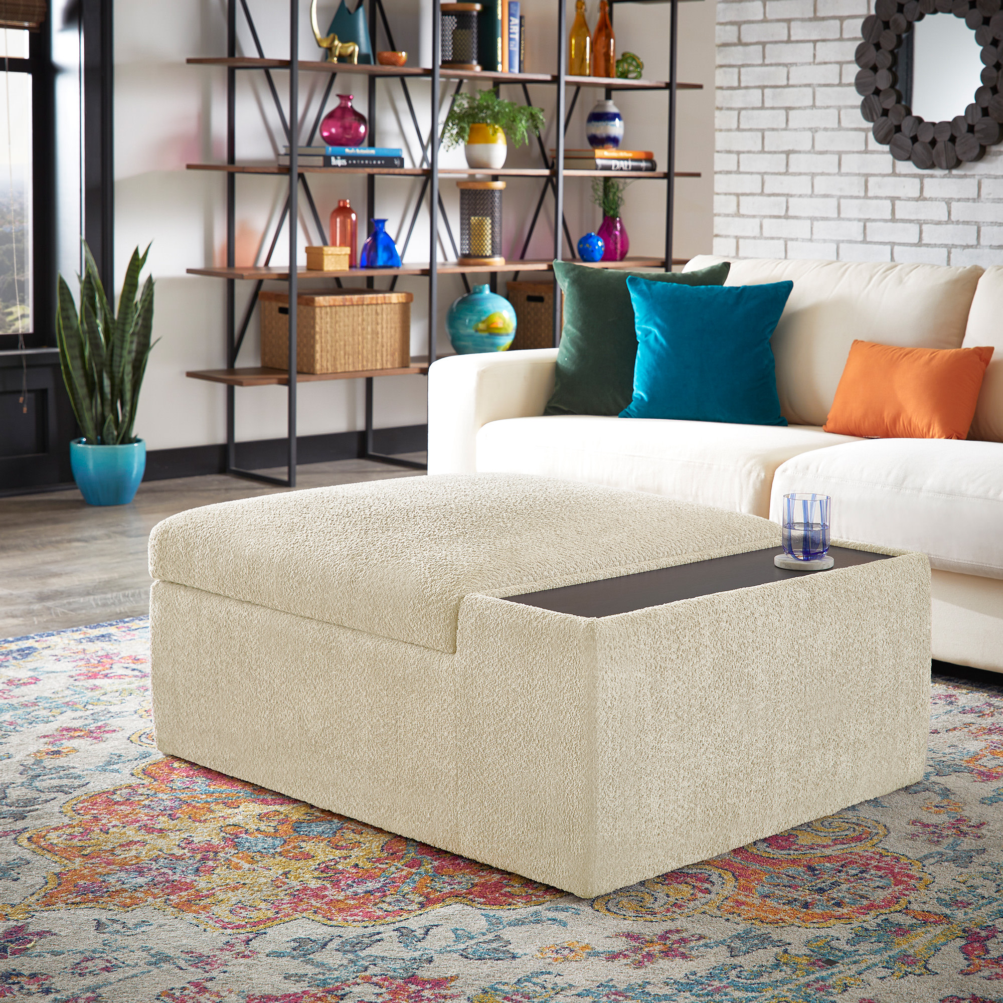 Weston Home Boucle Fabric Storage Ottoman with Side Table and Casters in Ivory