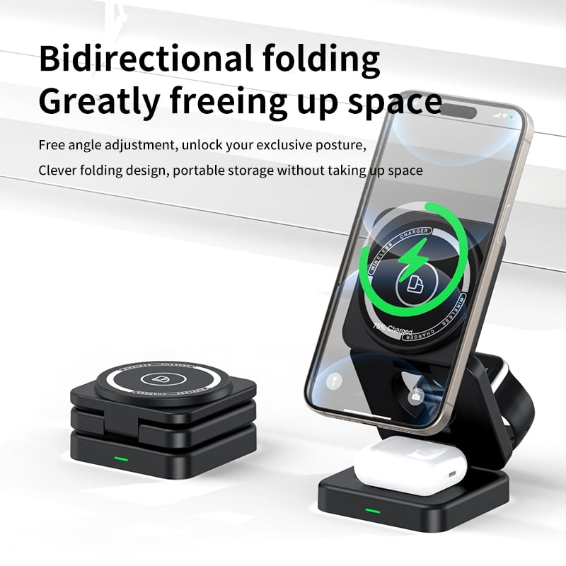 Foldable 3-in-1 Magnetic Wireless Charging Stand for iPhone 17/16/15/14/13/12, Apple Watch All Series, AirPods, 15W Fast Charging, 22.5W Total, N52 Magnets, AI Temp Control, Travel Portable, Black