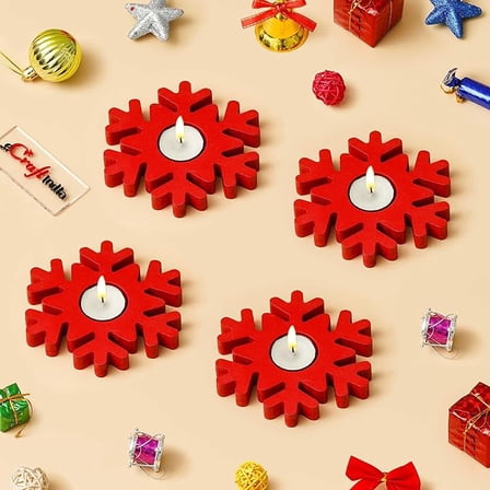 Wooden Christmas Snowflake Decorative Tea Light Candle Holders (Set of 4 Red)