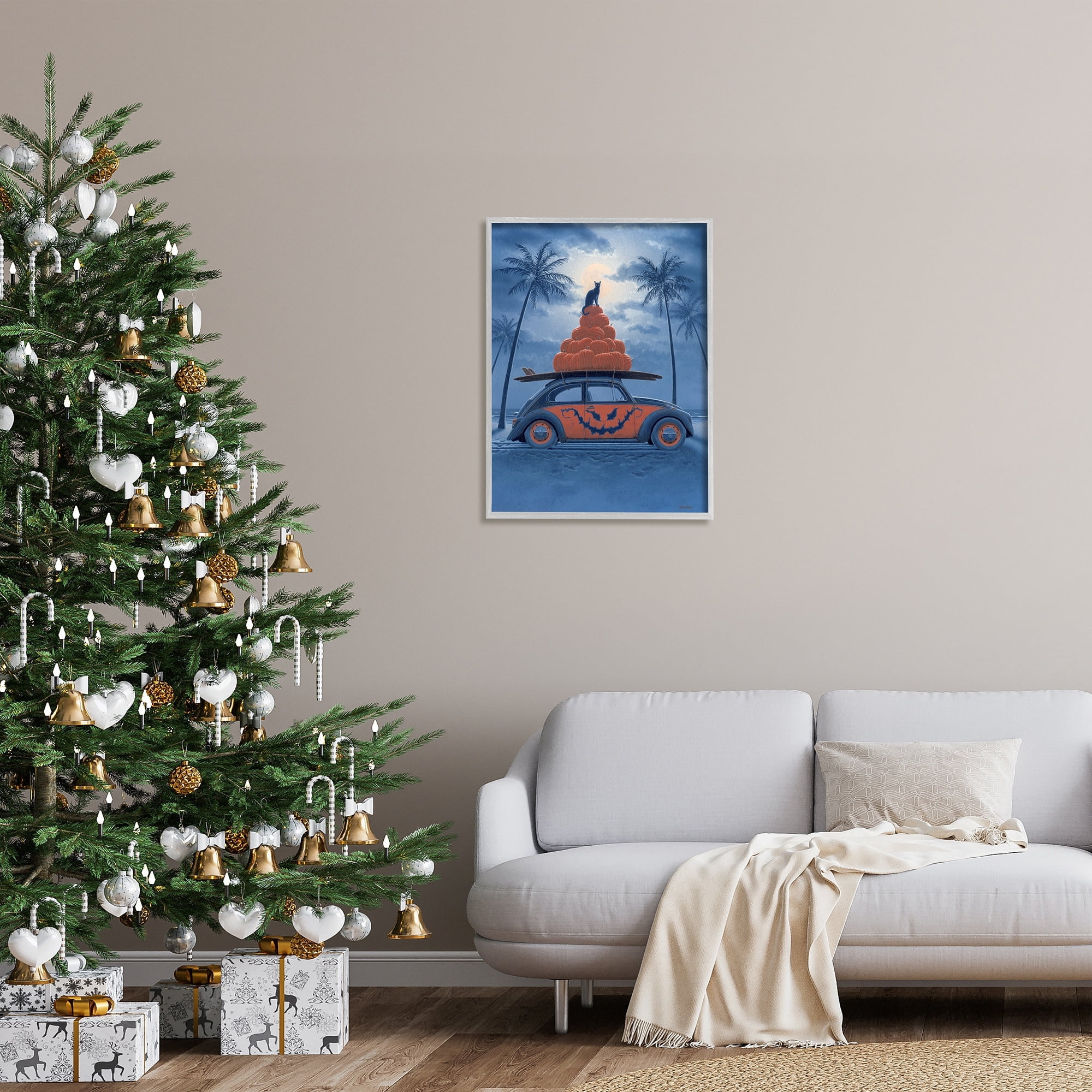 Stupell Industries Spooky Tropical Beach Pumpkin Car Holiday Painting Gray Framed Art Print Wall Art
