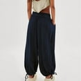 thumbnail image 3 of Womens Casual Loose Fit Wide Leg Cotton Pants Drawstring Stitching Baggy Pants Trousers with Pockets Dark Blue M, 3 of 7
