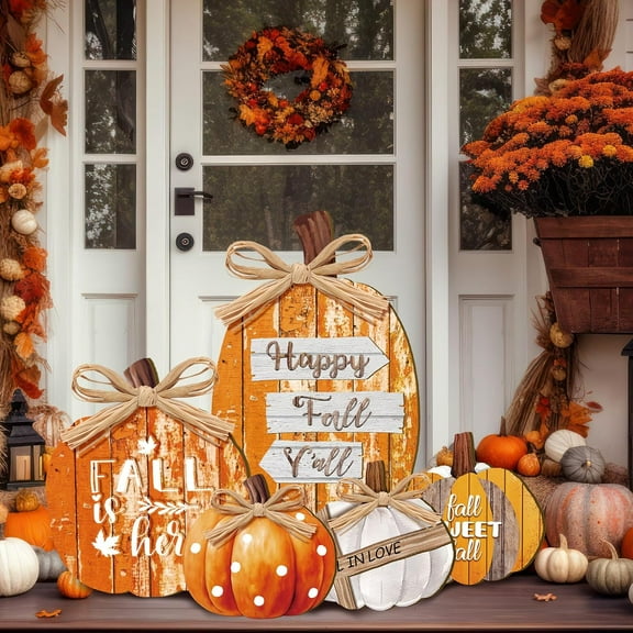 5 Pcs Fall Decorations for Home Fall Large Outdoor Wood Pumpkin Porch Sign Thanksgiving Yard Decor Welcome Pumpkin Standing Sign for Home Front Door Kitchen Yard Garden