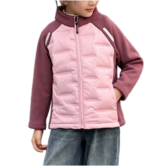Jalioing Kids Winter Coat Solid Color Patchwork Long Sleeve Zipper Stand Collar Jacket Casual Thermal Outerwear 2-15 Years