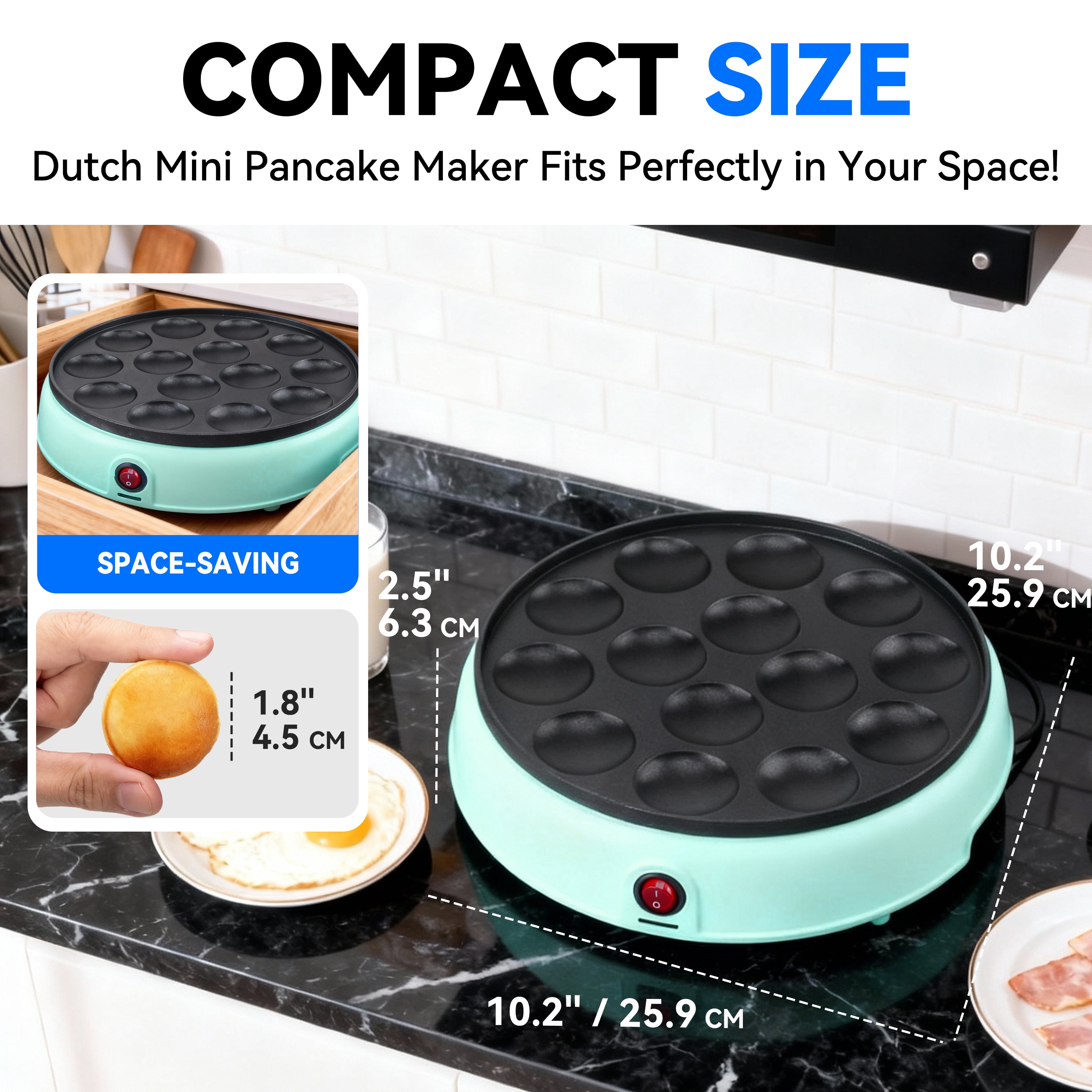 Mailand  Electric Dutch Pancakes Maker, 14 x 1.8" Holes Mini Pancakes Machine, Non Stick Coating, Aqua
