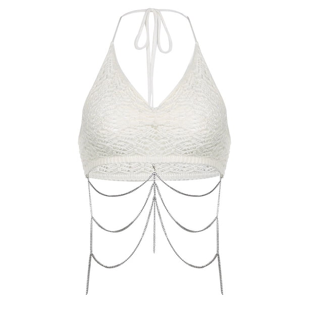 Gibobby Camisola pequeña de cuello colgante corto de lana con transparente de cuadrícula de Color sólido para mujer(Blanco,M)