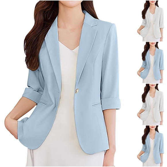 Feancey Dressy Work Jacket for Women 3/4 Sleeve Business Casual Blazers One Button Open Front Suit Jackets with Pockets Blue S