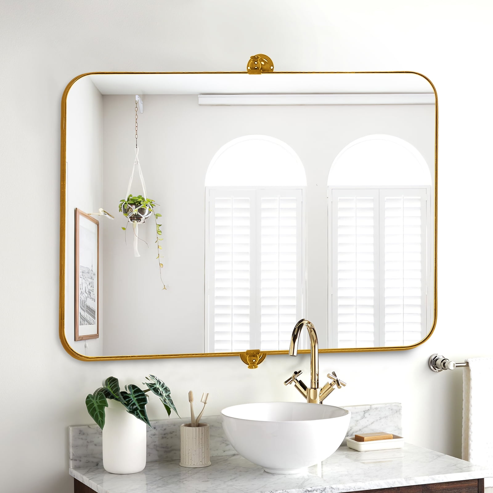 MAYEERTY Gold Metal Round Corner Rectangular Wall Mirror Iron Frame Decorative Hanging Mirror