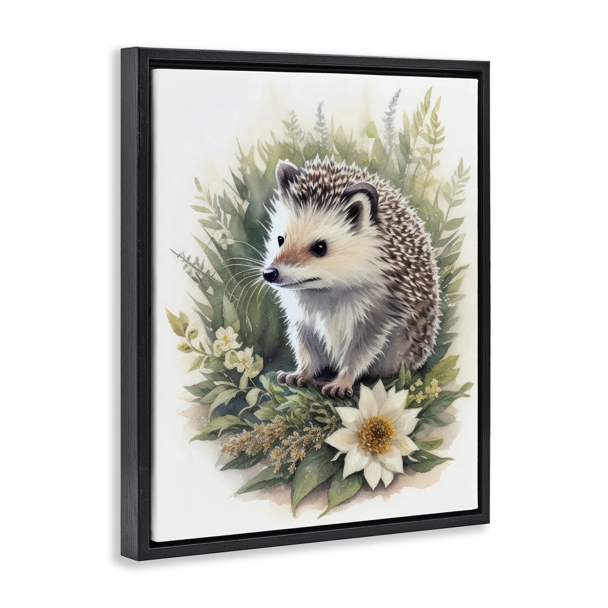 Stupell Industries Hedgehog & White Flower Animals & Insects Painting Black Floater Framed Canvas Art Print Wall Art, 17 x 21