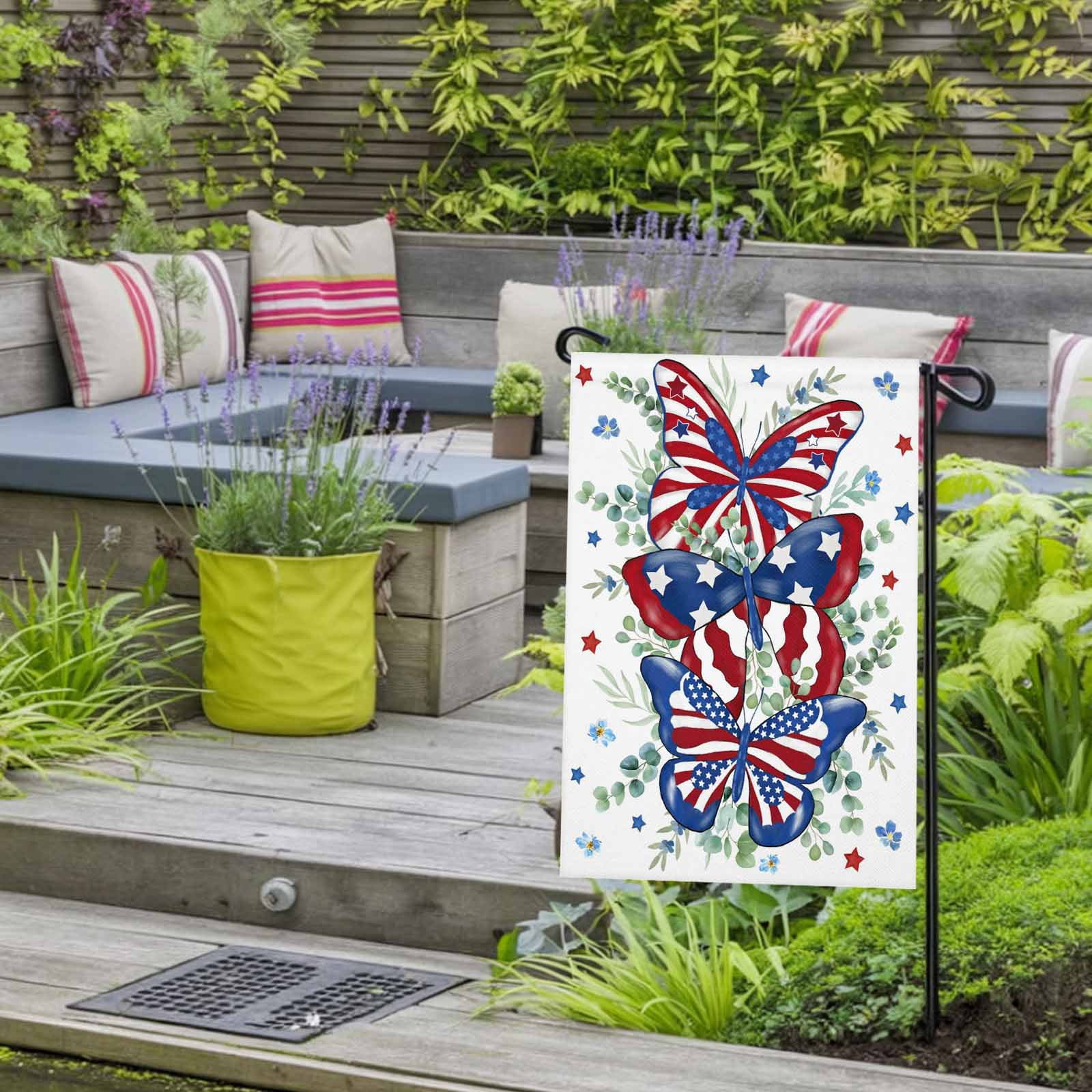4th of July Garden Flags Patriotic Star Butterfly Garden Flag Double Sided Welcome Flag Eucalyptus Leaves Independence Day Yard Flags for Outdoor Lawn Porch Memorial Day Holiday Decor 28x40 Inch
