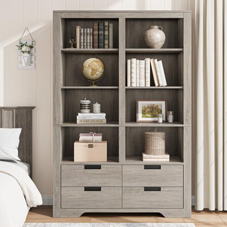 Farmhouse Rustic Wood Bookshelf with 8 Open Cubby Shelves & 4 Storage Drawers Freestanding Display Bookcase Storage Cabinet for Living Room Home Office Study
