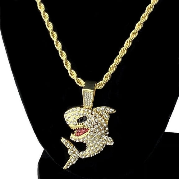 14k Gold Plated Shark Pendant Chain Iced Hip Hop Micro Pave Charm 24" Inch Rope Necklace