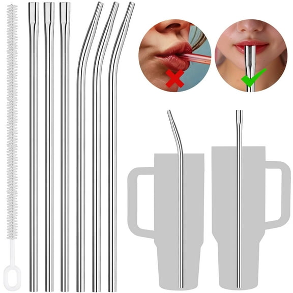 NiHome 6PCS 12" Anti-Wrinkle Flat Tip Reusable Stainless Steel Straws Fit for Stanley 30oz 40oz Tumblers, Wrinkle Free Metal Straws Lip-Friendly for Iced Coffee, Water (Silver, 3 Straight 3 Bent)