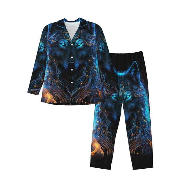 Balery Cool Blue Light Wolf Pijama para Hombre de Dos Piezas con Manga Larga, Conjunto de Dormir y Descanso Suave con Bolsillos-XX-Large