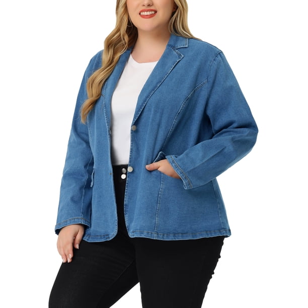 Chaquetas de talgrande pamujer Blazer de solade denim elástico con bloque de color en contraste azul medio XL