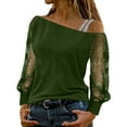 thumbnail image 5 of HNMKIU Women Casual Long Sleeve T Shirts for Women Rhinestone Sequin Net Yarn Off Shoulder Strap Top for Party 1-Green,M, 5 of 6