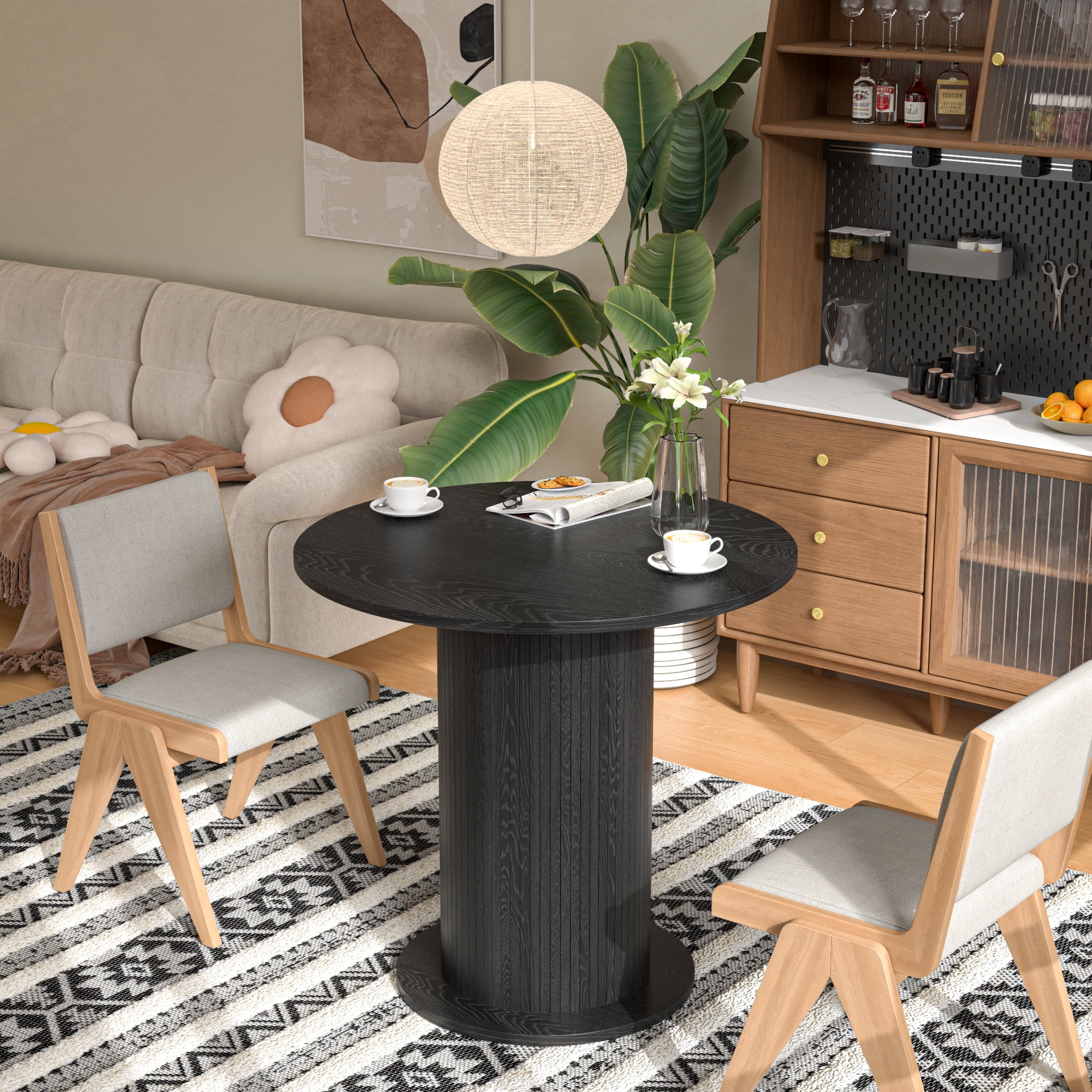 Modern Farmhouse Round Dining Table, Wood Kitchen Table for 2, Small Circle Dining Tables, Black