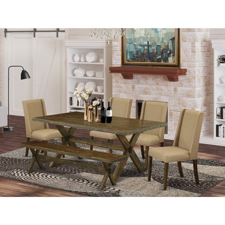 Victorian Dining Set - 6-Piece TableChair Set - Linen Fabric Seats - Modern Kitchen Table with Bench