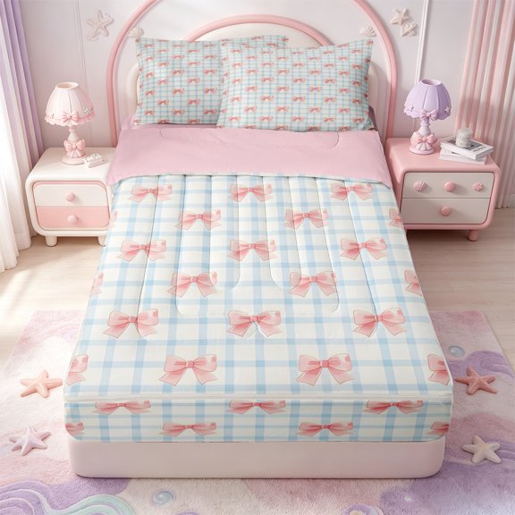 Manfei Modern Geometric Grid Zipper Twin Comforter Sets with Fitted Sheet and 2 Pillowcases,Pink Kawaii Bowknot Zipper Bedding Set,Pink Reversible,4-Piece