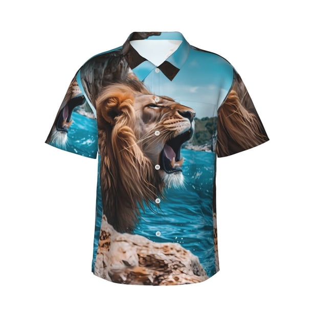 Fotbe Ice Blue Coastal Lion Camisa Hawaiana para Hombre Unisex – Camisa Casual de Verano con Botones de Manga Corta de Algodón y Lino,Large