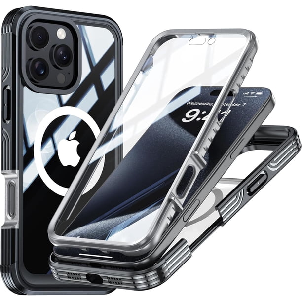Funda para iPhone 16 Pro, carcasa protectora completa, resistente, trasera transparente, híbrida, magnética, de carga inalámbrica, de TPE PC con pantalla integrada, a prueba de golpes