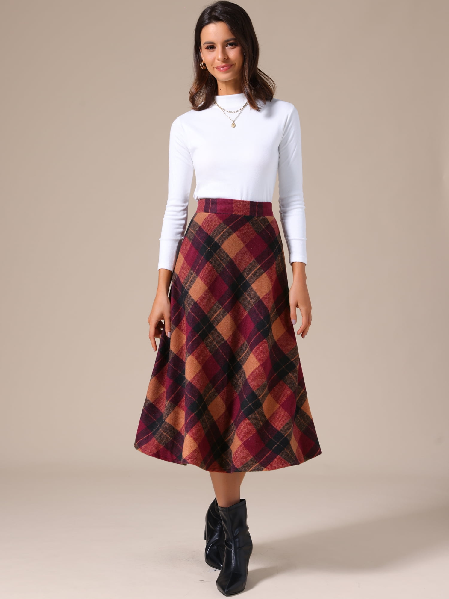 DARING DIVA Women's Vintage Plaid A-Line Work Long Maxi Skirt X-Small Brown Red