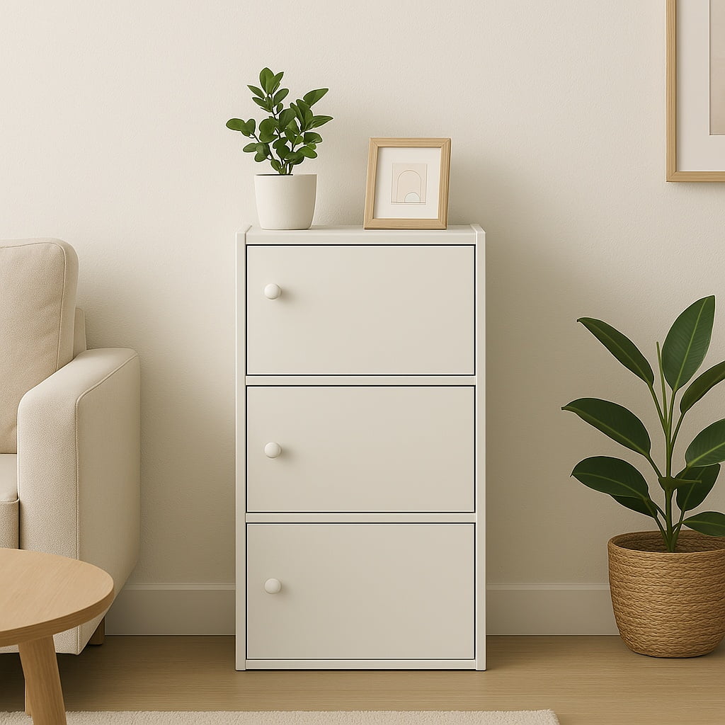 3-Tier White Bookcase with Doors – Matte Finish Vertical Storage Shelf by PJ Furniture