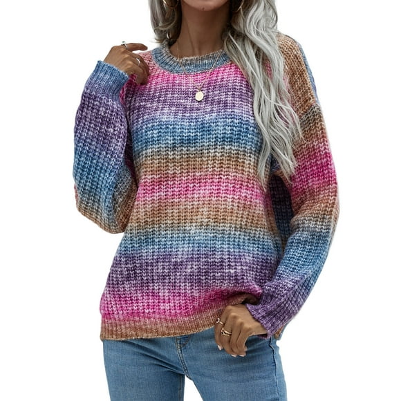 VISgogo Suéteres de cuello redondo para mujer, blusas de punto sueltas con estampado de teñido anudado de bloque de color de manga larga VISgogo moda