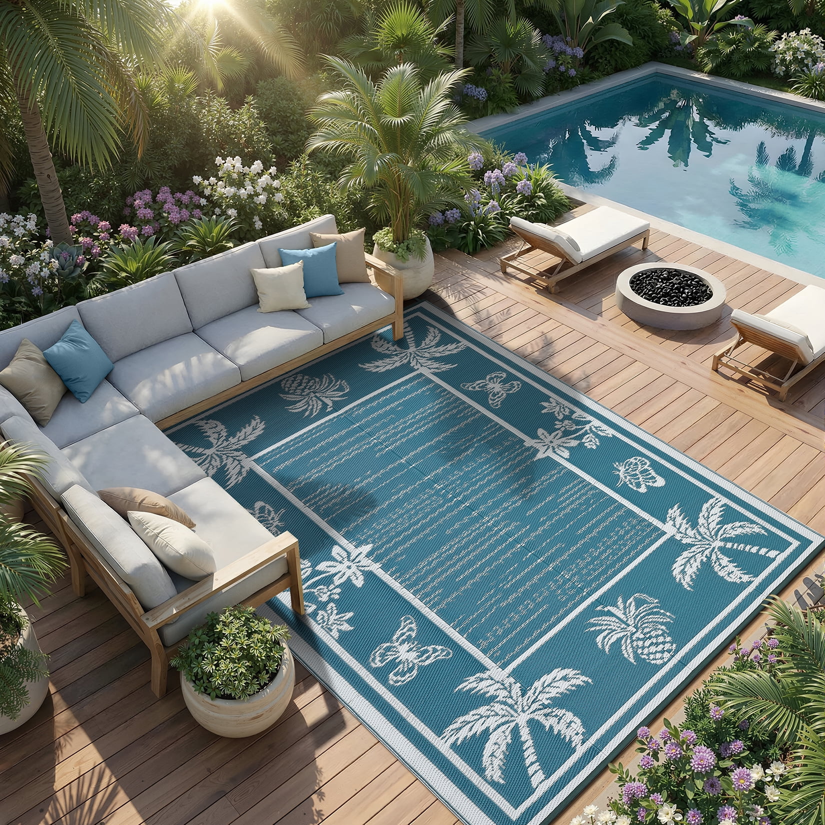 FairOnly 8'x10'Modern Tropical Floral Outdoor Rug Waterproof Reversible & Portable for Patio Poolside & Beach RV,Grey Blue