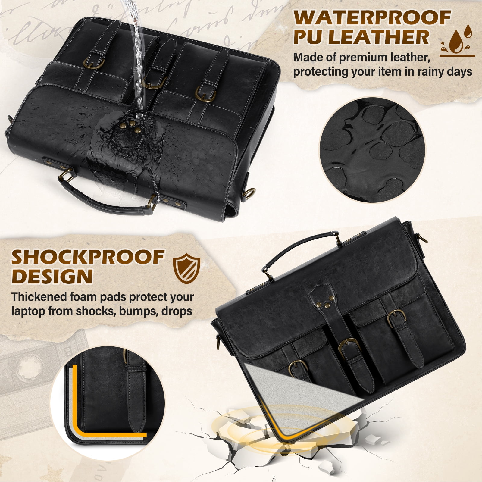 RAINSMORE Messenger Bag for Men 15.6 Inch Leather Vintage Laptop Briefcase Large Laptop Bag Waterproof Satchel Bag Computer Shoulder Bag for Office Work Travel College,Black