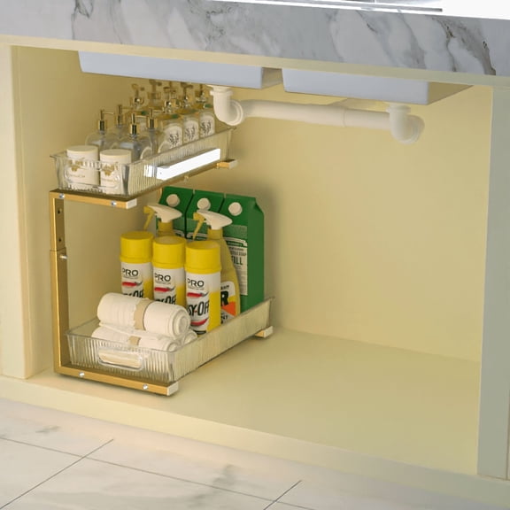 Adjustable 2-Tier Under Sink Organizer with LED Light, Stainless Steel Storage Rack for Kitchen and Bathroom Cabinets