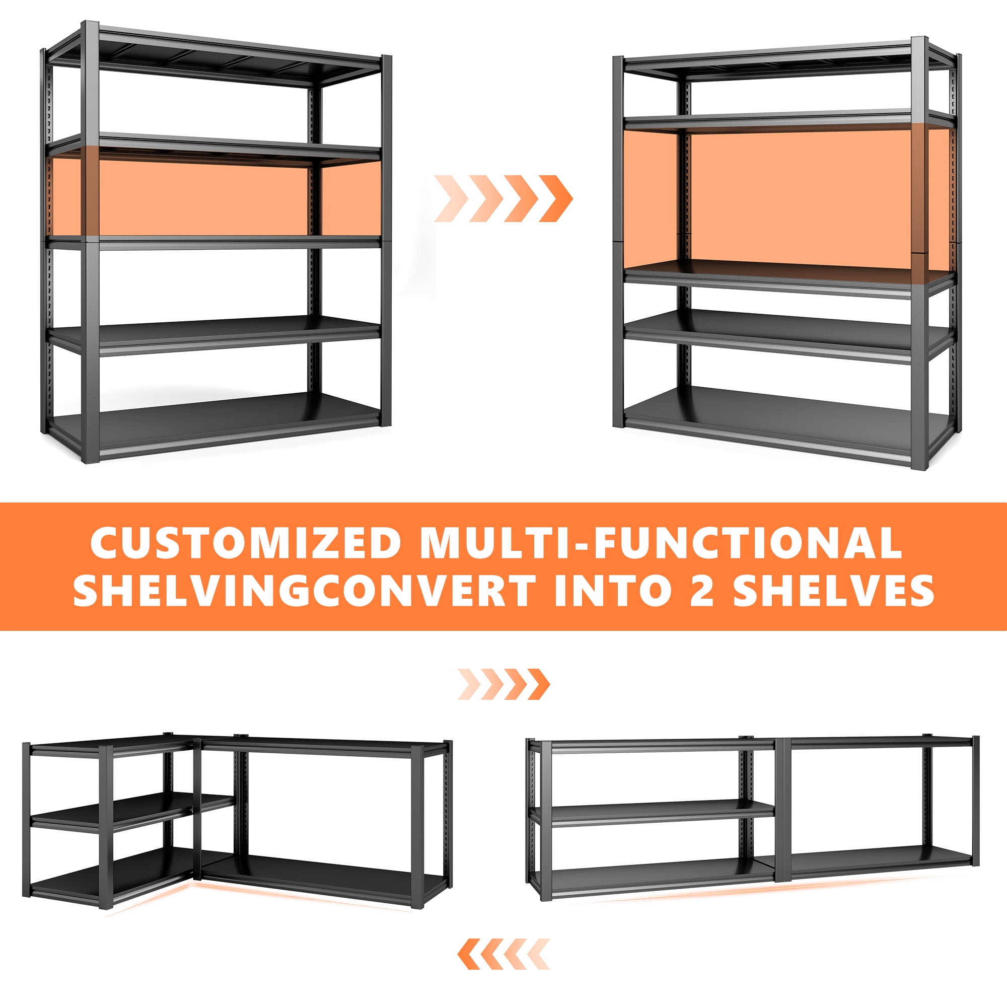REIBII 48''W Garage Shelving 2500LBS Heavy Duty Storage Shelves Metal Shelving Adjustable 5 Tier Metal Shelves for Storage Rack Industrial Shelving Utility Shelf,48''W X 72''H X18''D