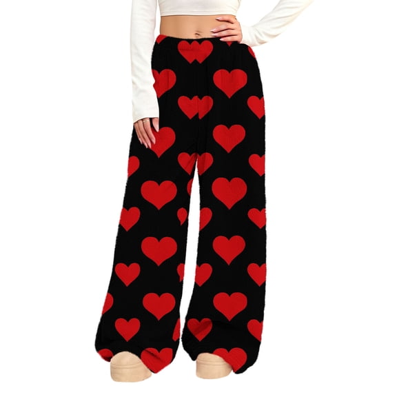 Rutainlusire Womens Trendy Valentine's Day Loose Fleece Warm Wide-Leg Pants Women's Casual Solid Color Drawstring Elastic Waist Sweatpants Side Pockets