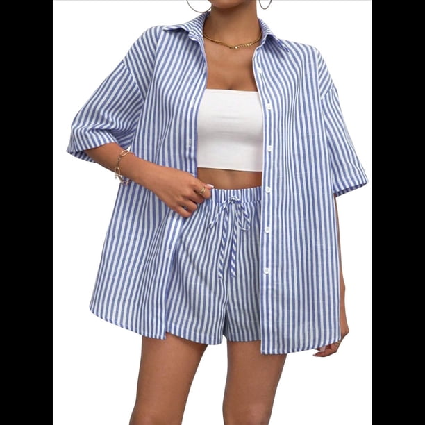 Conjunto de 2 Piezas para Mujer: Camiseta de Rayas de Corta de Verano y Mini Shorts Holgados de Cintura Alta. Azul M