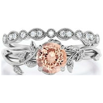 Vine Leaf Ring, Boho & Hippie 1.50 Carat Round Cut Morganite And Diamond Moissanite Engagement Ring, Wedding Ring In 10K Solid White Gold, Gift, Promise Ring For Her, Bridal Set, Matching Band