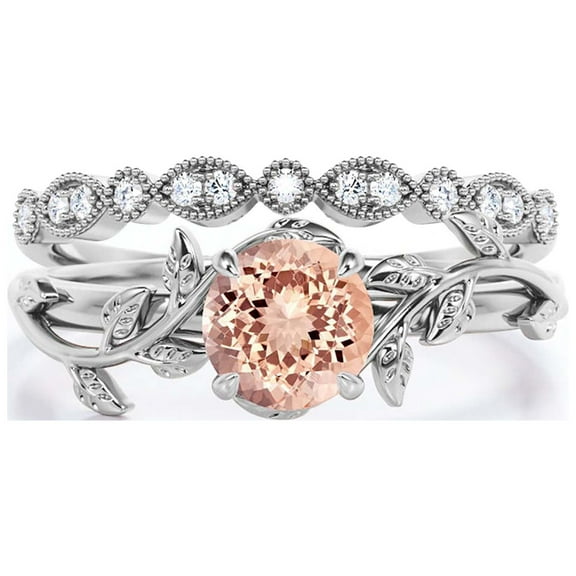 Vine Leaf Ring, Boho & Hippie 1.50 Carat Round Cut Morganite And Diamond Moissanite Engagement Ring, Wedding Ring In 10K Solid White Gold, Gift, Promise Ring For Her, Bridal Set, Matching Band