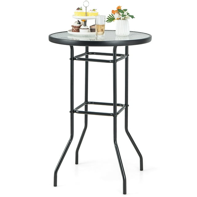 Patiojoy Round Glass Top Patio Table 27"x27" Outdoor Bistro Table w/ Heavy-duty Metal Frame