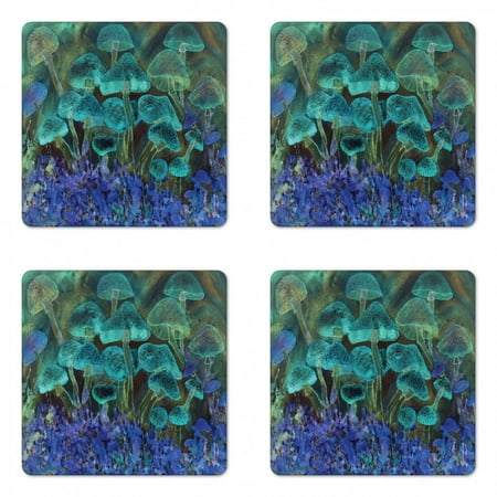 

Psychedelic Coaster Set of 4 Unusual Speckled Fluorescent Mushrooms Dreamy Fantasy Graphic Square Hardboard Gloss Coasters Standard Size Blue Violet and Slate by Ambesonne