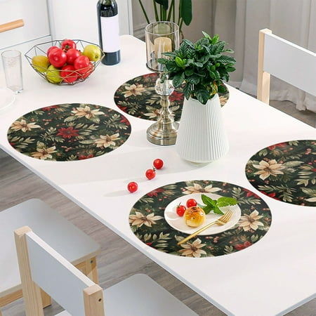 

Round Grid Placemat One Sizex1 Round Placemat PVC Plate Mat，15.4 Inch Non-Slip and Heat Resistant Table Placemat Dining Room Placemat Oil Painting Red and Yellow Flowers