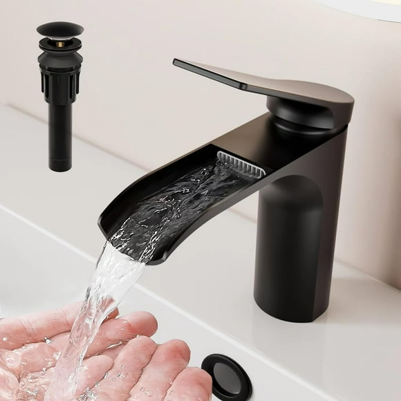 RIVAMBER Waterfall Bathroom Sink Faucet, 1 Hole with 3 Hole Cover Plate, Matte Black Brass Modern Single Handle Deck Mount Vanity Faucet with Metal Pop-up Drain Stopper & Water Supply Hoses