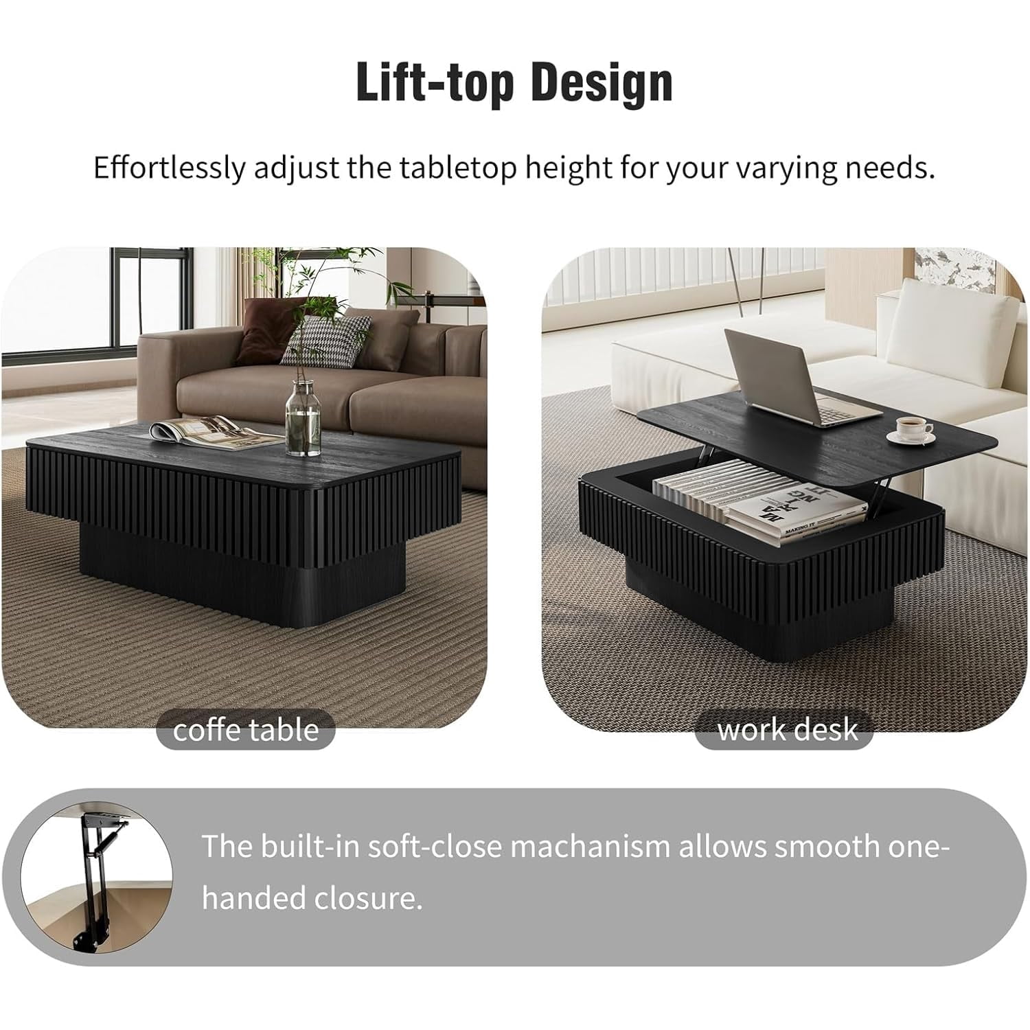 BMJDM Mid-Century Lift Top and Storage Solid Wood and MDF Coffee Table with Hardware and Installation Instructions, Black