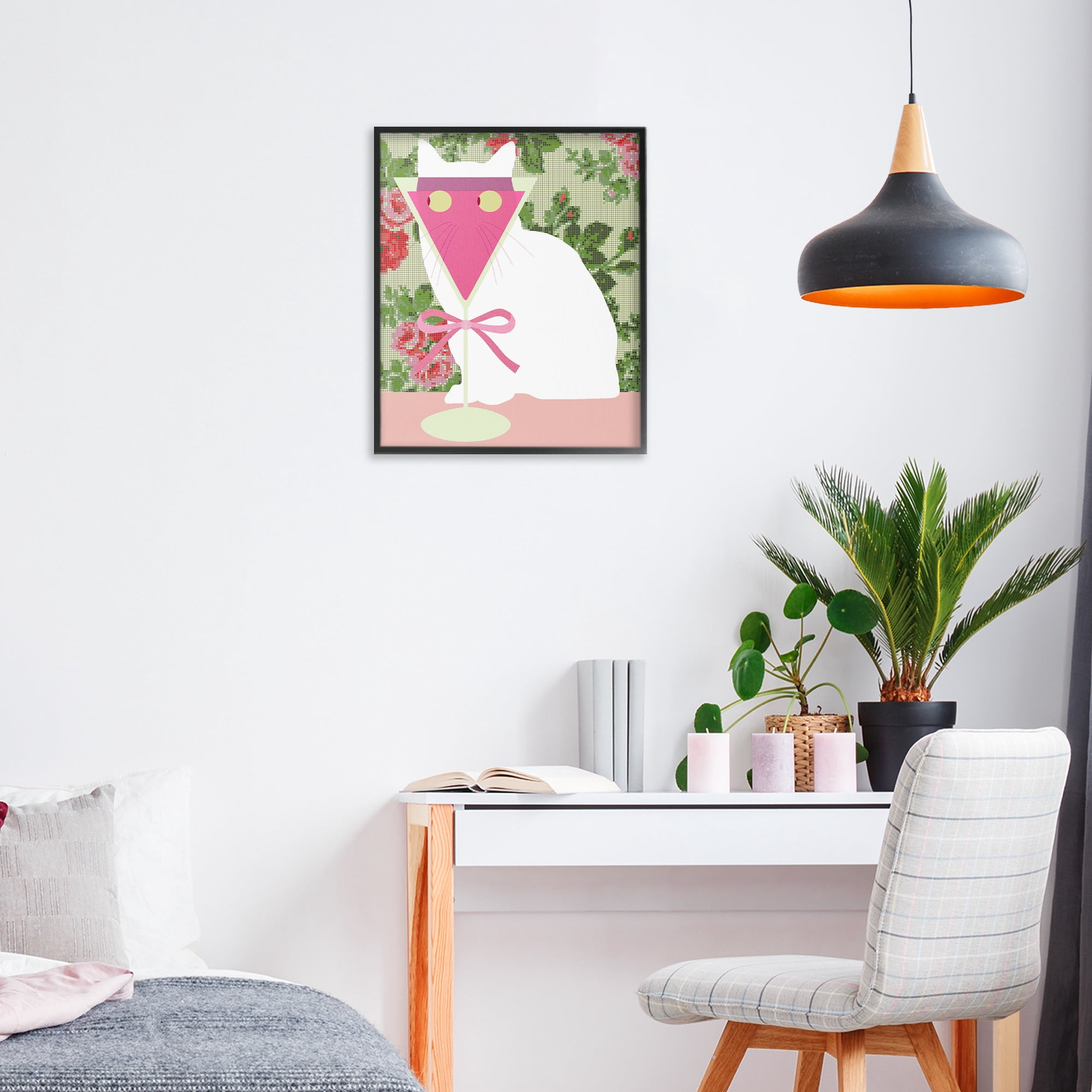 Stupell Industries White Cat with Pink Martini Black Framed Giclee Art, design by Lil' Rue