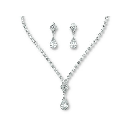 Glamour Goddess Jewelry NS677CS - Bridal Jewelry Set Rhinestone Classic Drop Necklace With Earrings Silver Plated